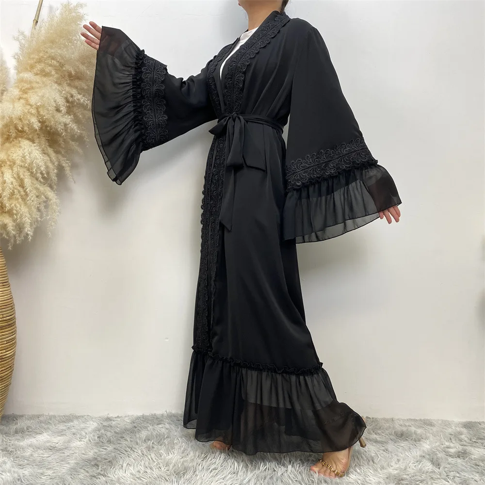 Fashion Djellaba Muslim Dress Dubai Full Length Flare Sleeve Soft Lace Abaya Dubai Turkey Muslim Islam  платья мусульманские