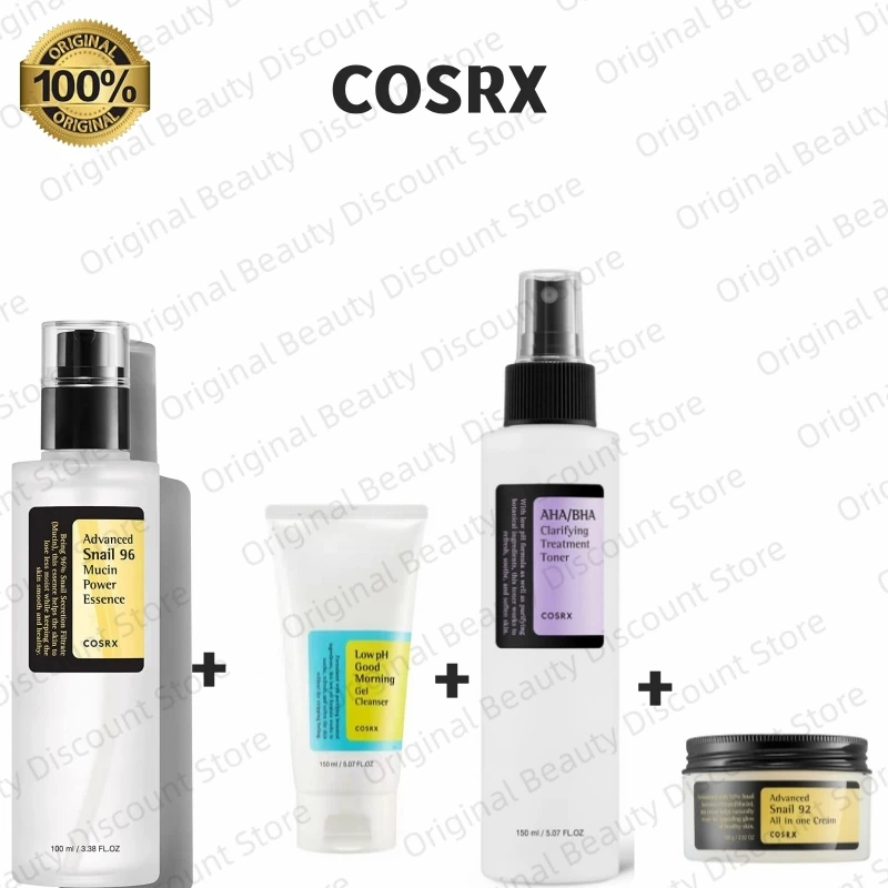 

4pcs set COSRX Snail Mucin 96% Power Repairing Essence Cochlear cow cream Low pH Cleanser AHA/BHA Clarifying Treatment Toner