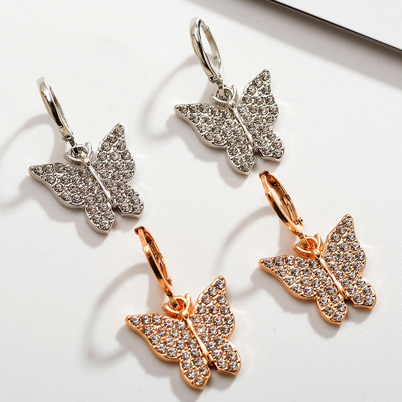 

Korea Elegant Cute Rhinestone Butterfly Earrings Women Girls Fashion Metal Jewelry Gifts Party Zircon Luxury Pendant Earrings