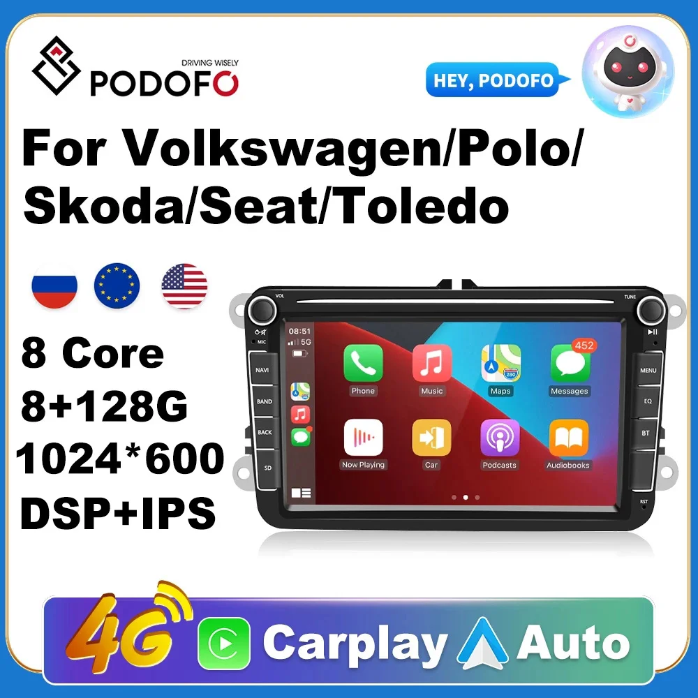 Podofo 2Din Android 10 Car Radio GPS Wifi 4G DSP 8 Inch for VW/Volkswagen/Polo/Skoda/Seat/Toledo Autoradio Car Multimedia Player