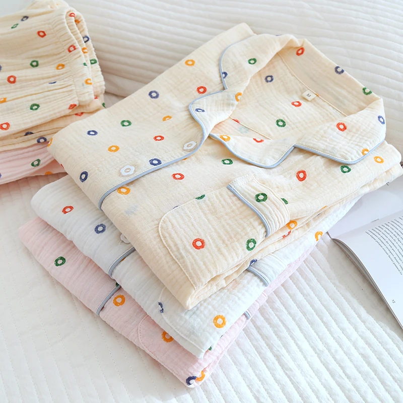 Pure Cotton Cute Pajamas Set Crepe Long Sleeve Fresh Sleepwear Soft Pijama Mujer Casual Pyjamas Female Spring Home Clothes Suit