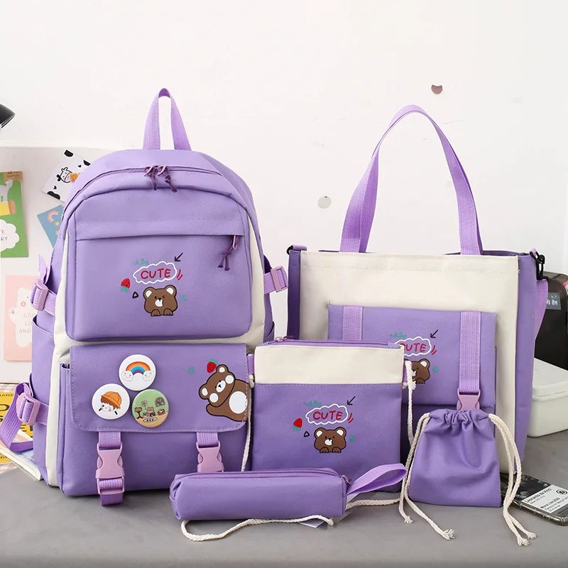 4 Piece Set Casual Backpacks New School Bags For Teenage Girls Women Backpack Canvas Travel Bookbags Teen Student Shoulder Bag
