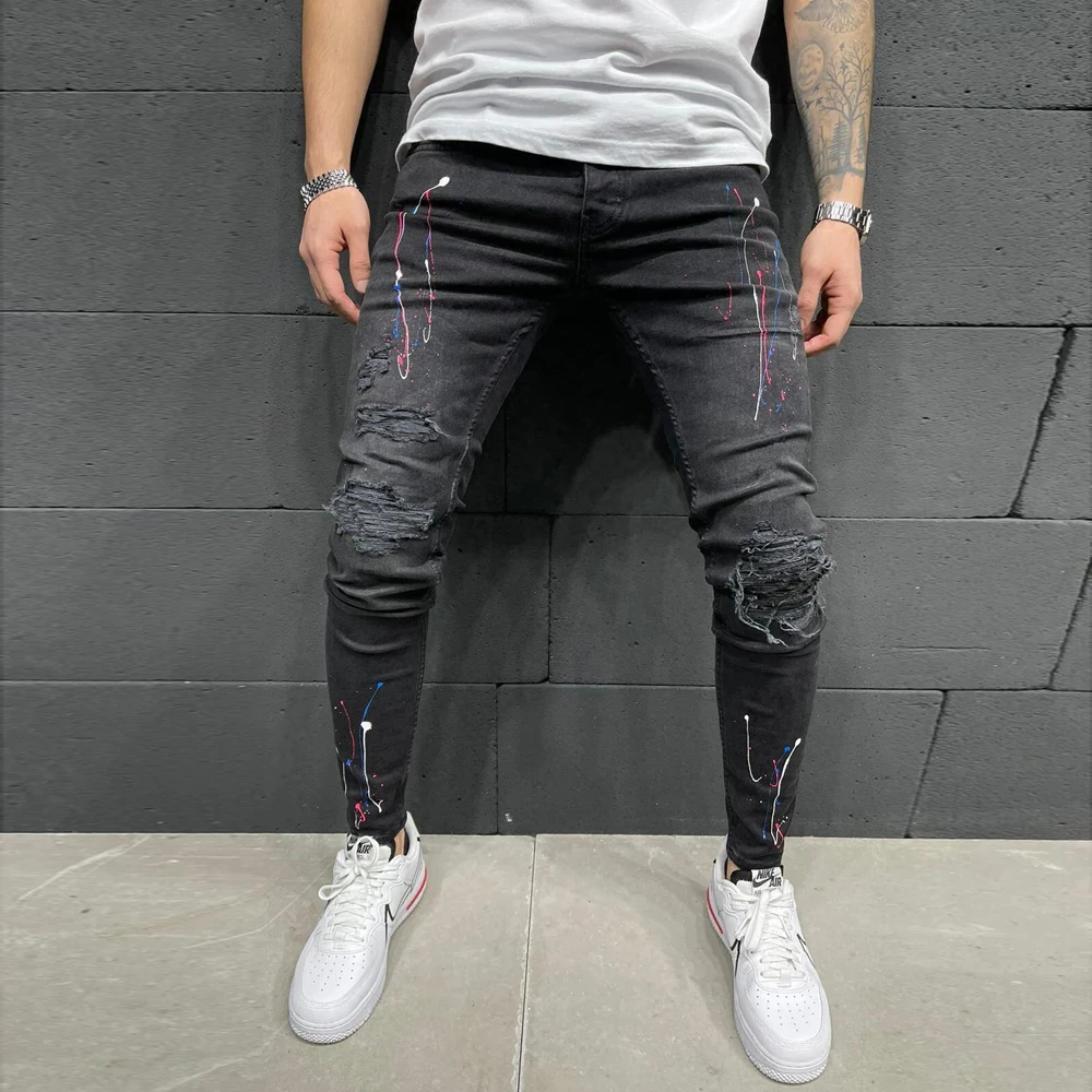 Men's Casual Jeans Print Paneled Ripped Holes Jeans Male Slim Skinny Cowboy Trousers Fashion Spring Autumn Man Street Clothes