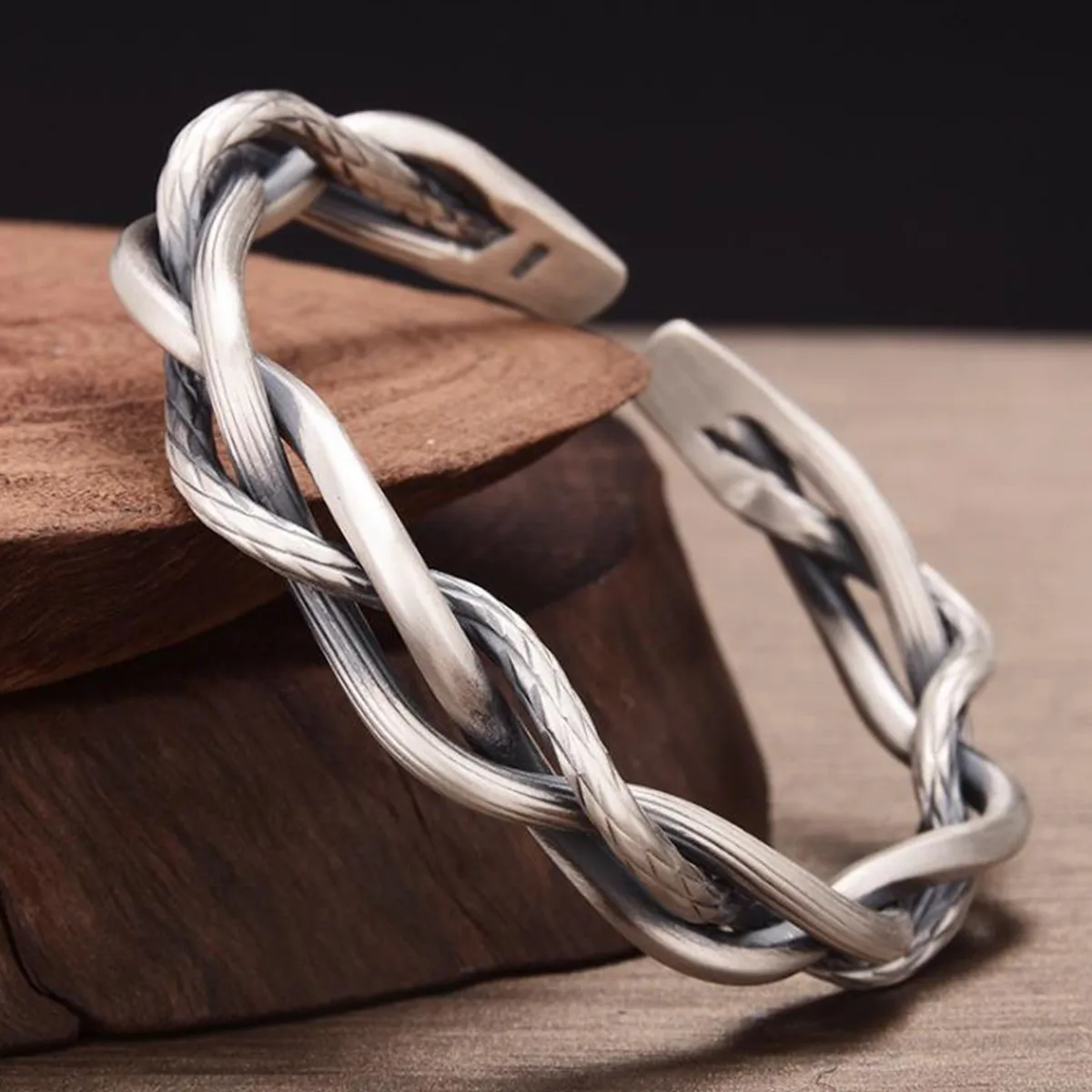 

Vintage Handmade Unique Open Bangle Three-strand Twisted Cuff Bracelet Silver