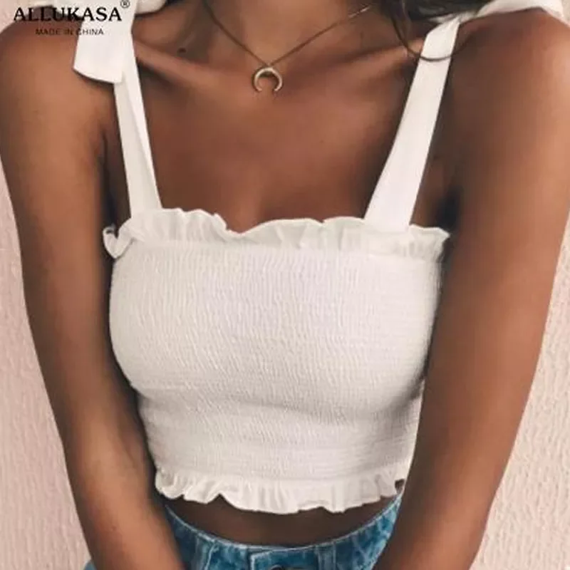 

Tube Crop top Women Bow Tie Strap Ruched tank Top Lettuce Edge Elastic Camis 17 colors 2020 New Summer Autumn