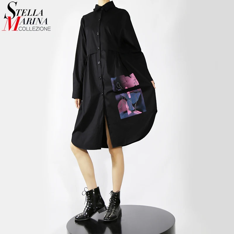 

New Straight Midi Woman Long Sleeve Black White Full Sleeve Printed Shirt Dress Casual Streetwear Girls Cute Holiday Robe MJ2214