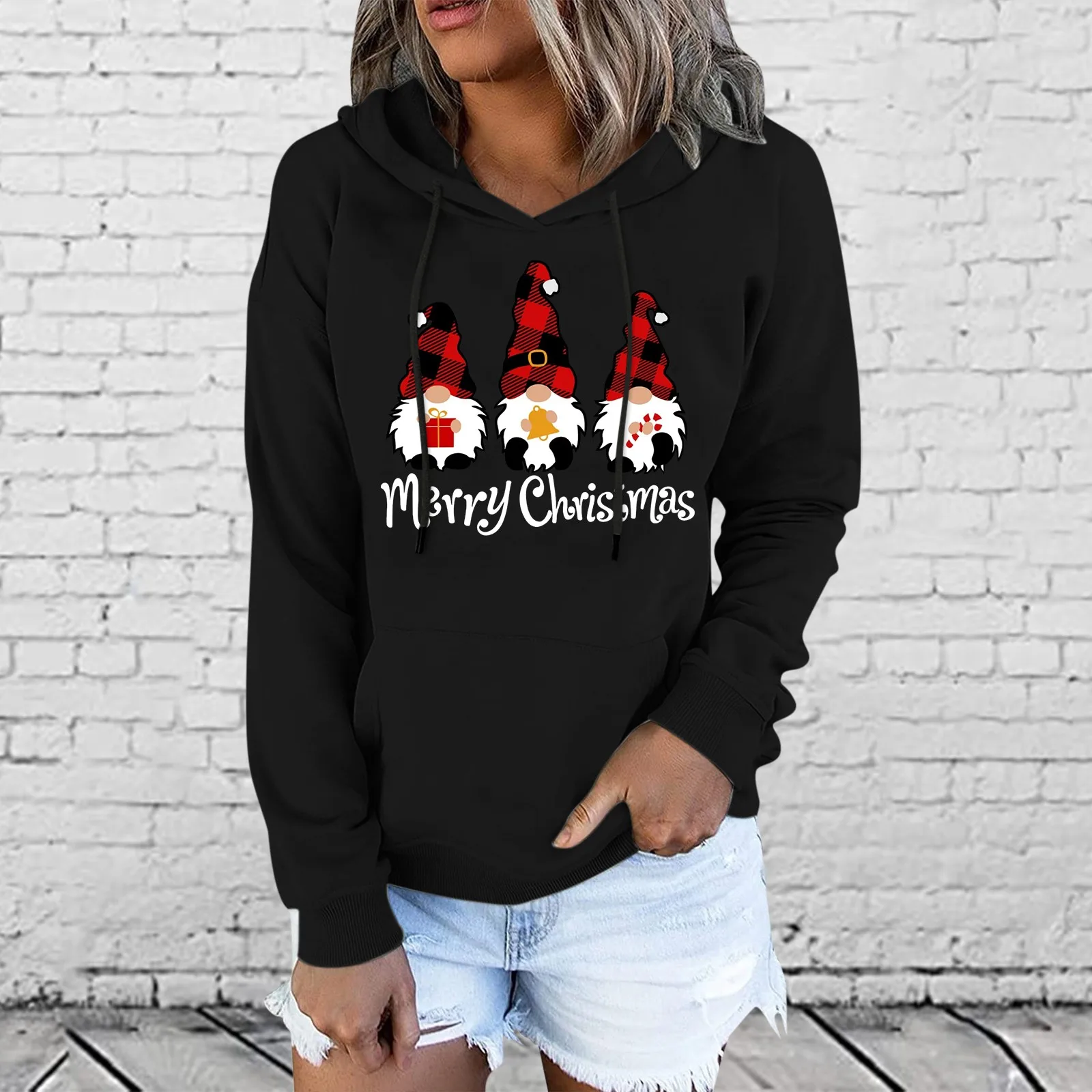 

Christmas Tree Print Ladies Long-Sleeves Hooded Blouse Pocket Hoodies Womens Sweatshirt Large Size Soft Sweater Solid Color Tops