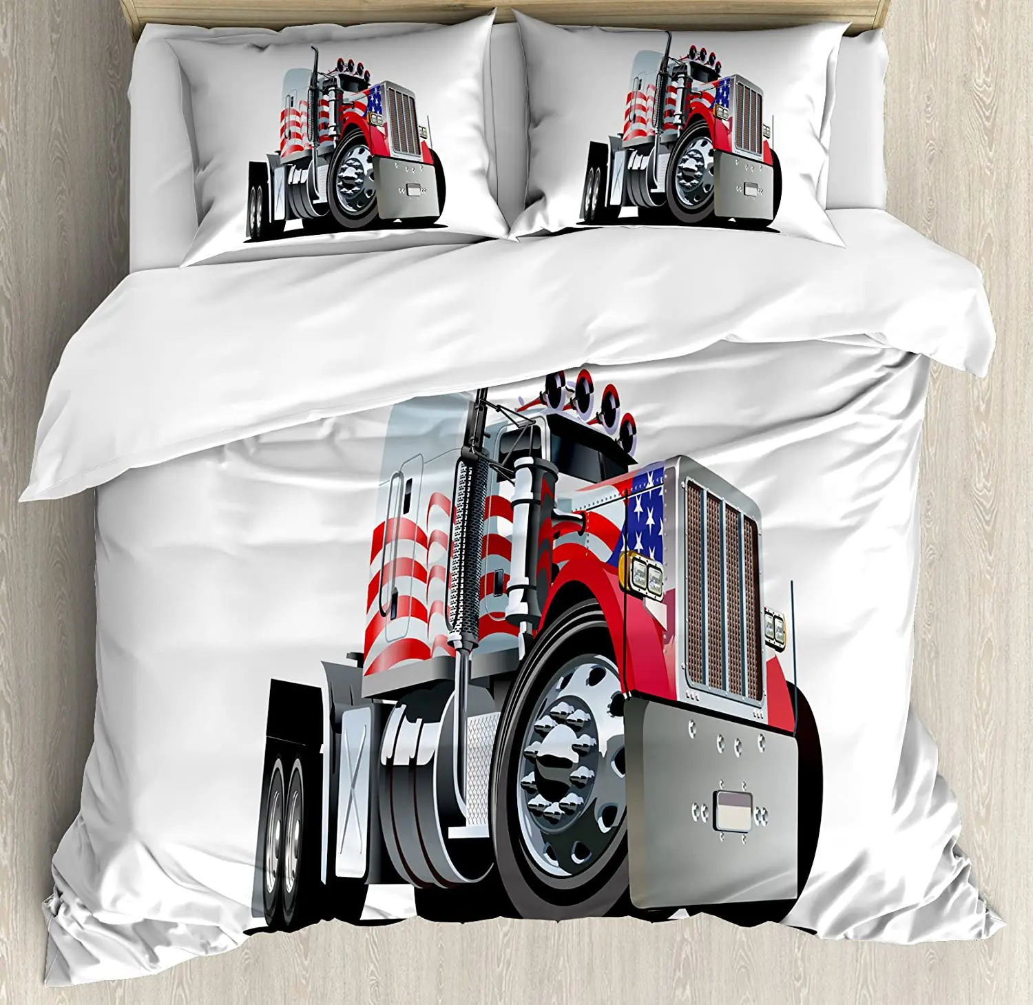 

Truck Bedding Set American Flag Themed Semi 18 Wheeler Patr 3pcs Duvet Cover Set Bed Set Quilt Cover Pillow Case Comforter Cover