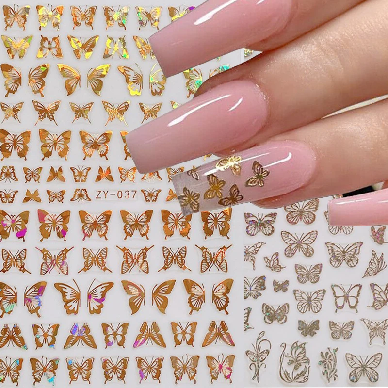 

3D Nail Art Stickers Bronzing Butterfly Adhesive Sliders Nail Decals Laser Butterfly Nail Sticker Wrap Foils Nail Art Decoration