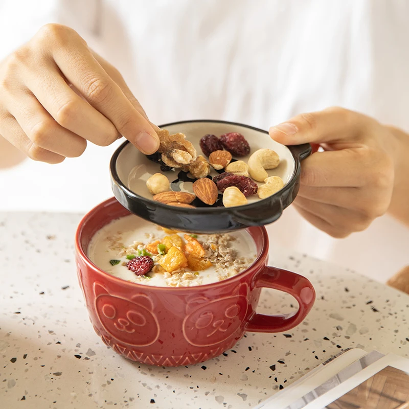 

325ml Cartoon Panda Dog cat Milk Mug With Lid Cup And Saucer Breakfast Oatmeal Cup Microwave Oven Safe Coffee Animal Mug Gifts