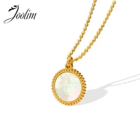 joolim jewelry pvd gold finish no fade fashion mirror white shell pendant bead chain necklace stainless steel jewelry wholesale