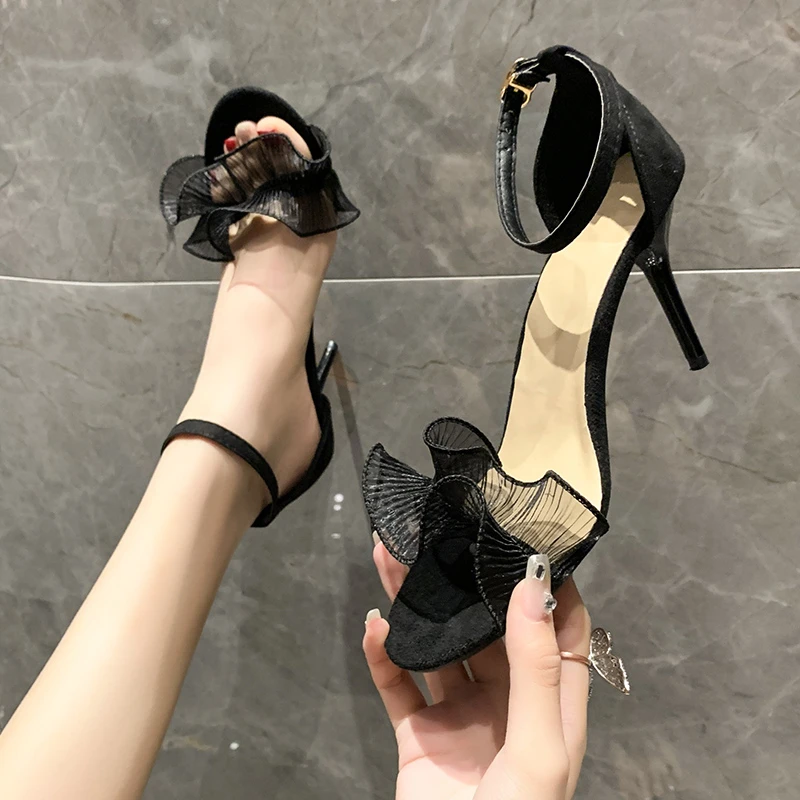 

6cm 8cm Fashion Lace Sandalias Sexy Thin Heels Banquet High Heel Shoes Summer Women's Sandals 2023 Open Toe Grace Female Shoes