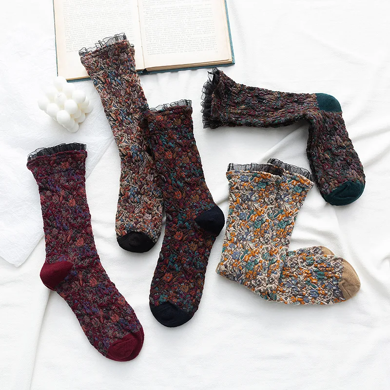 

Literature and Art Socks Women's Small Broken Flowers Kawaii Medium Tube Socks Woman Clothes Japanese Harajuku National Style