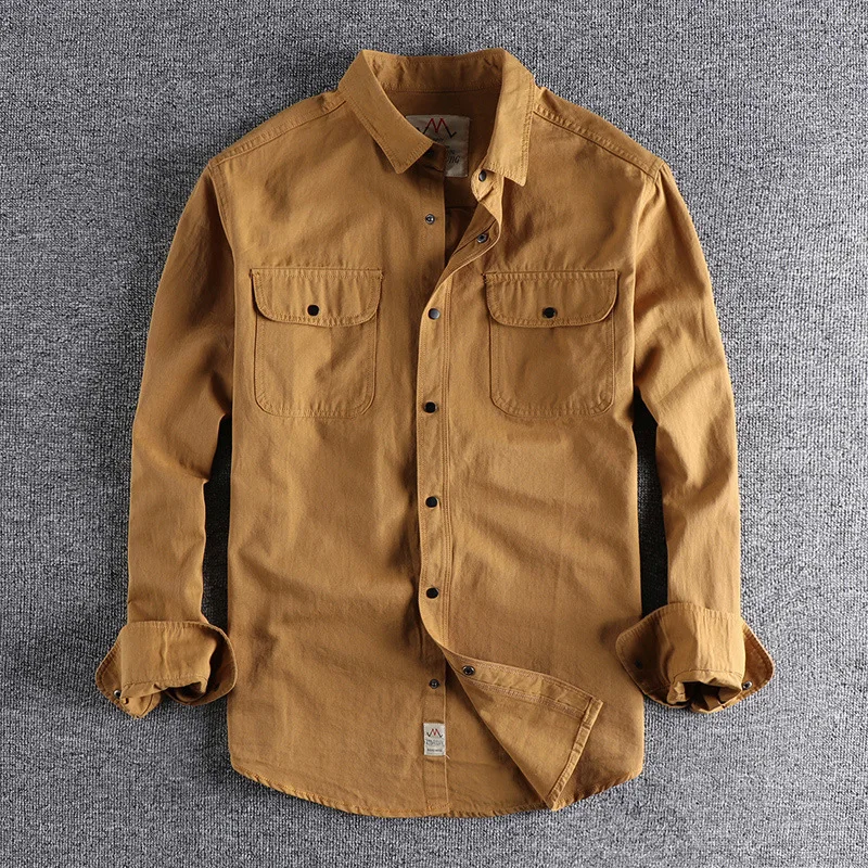 

Men's Military American Vintage Tooling Double Pocket Shirts Army Long Sleeve Turn-down Collar Polo Shirts Casual Pullovers Top
