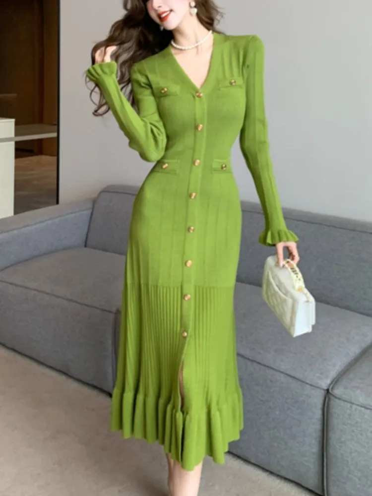 Однотонные вязаные платья для женщин Осенние однобортные шикарные повседневные