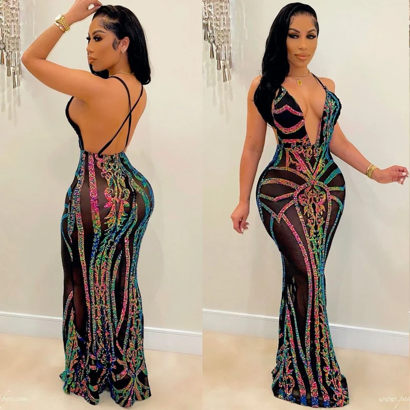 

Женское сексуальное вечернее платье Mandylandy с блестками, женское модное элегантное платье на бретельках с V-образным вырезом, корсет с высоко...