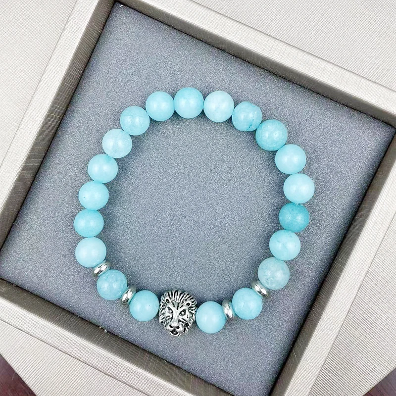 

Natural Men Blue Amazonite Pulseras Mujer New Style Elastic Rope Charm Strand Vintage Lion Head Bracelet For Women Jewelry