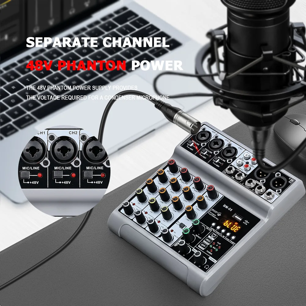Фото Для BM-05 Mini 5-канальный аудиомикшер DJ-контроллер Микшер De Audio Profecional Микшерная консоль с USB Bluetooth для студии №5