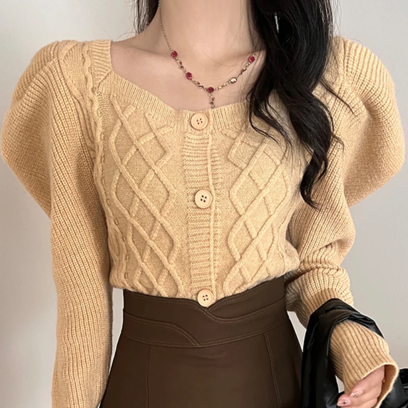 

Korean Fashion Plaid Cardigan Woman Single Breasted Square Collar Puff Long Sleeve Loose Sweater Women Sweet Top Dropshipping