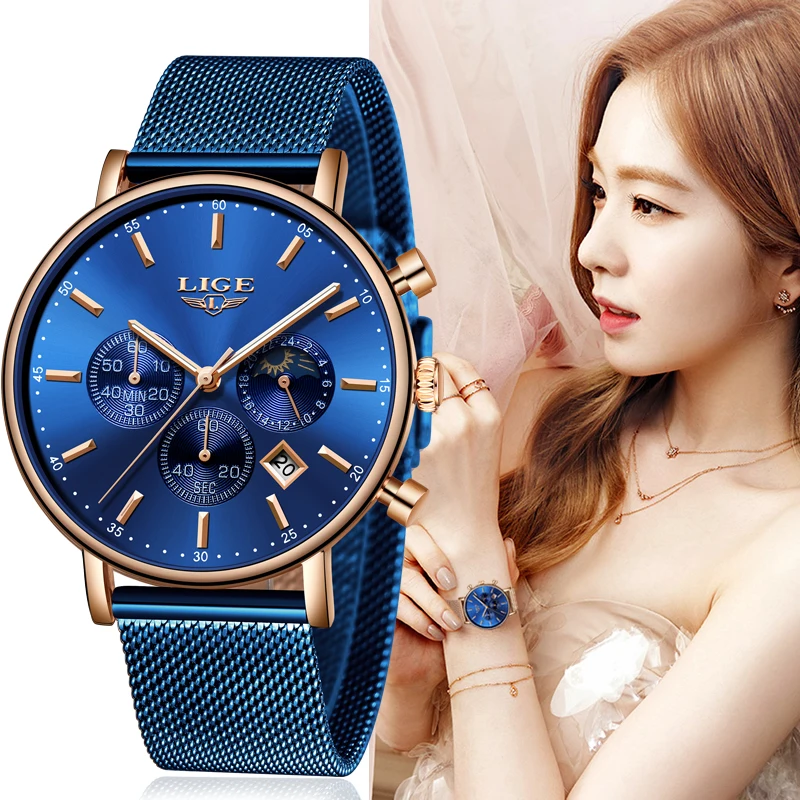 

LIGE Women Fashion Blue Quartz Watch Lady Mesh Watchband High Quality Casual Waterproof Wristwatch Moon Phase Clock Women Watch