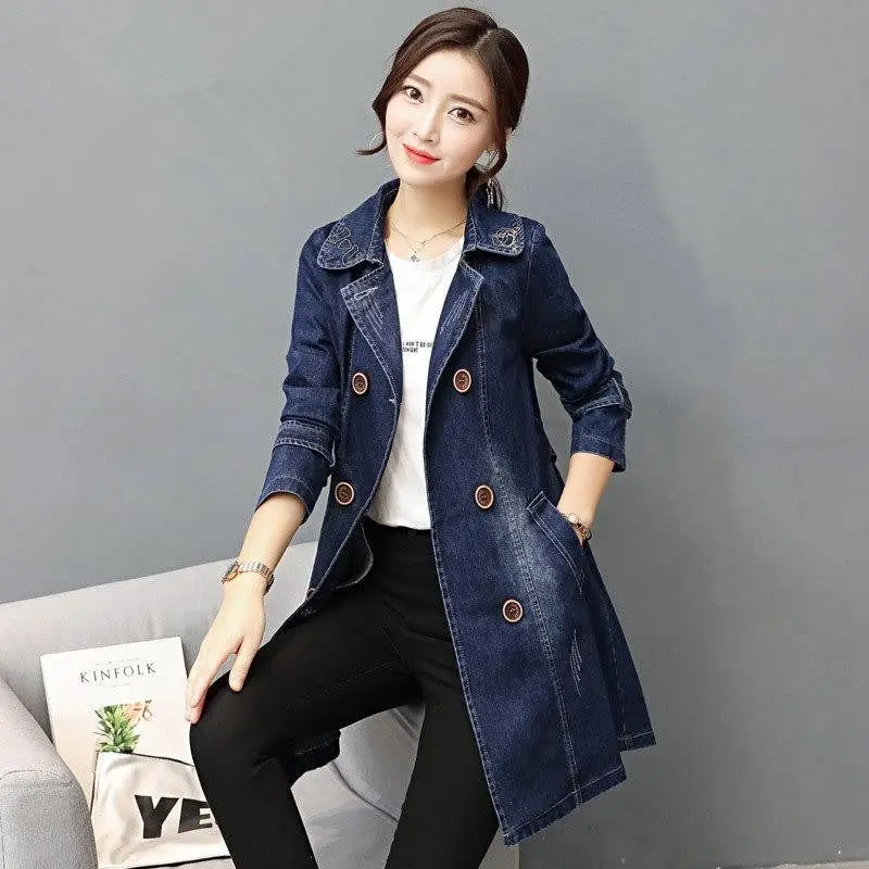 

Woman Jean Jacket Denim Coat Autumn Female New Fashion Loose Oversize Blue Jean Jacket Button Up Casual Double Button Jacket G35