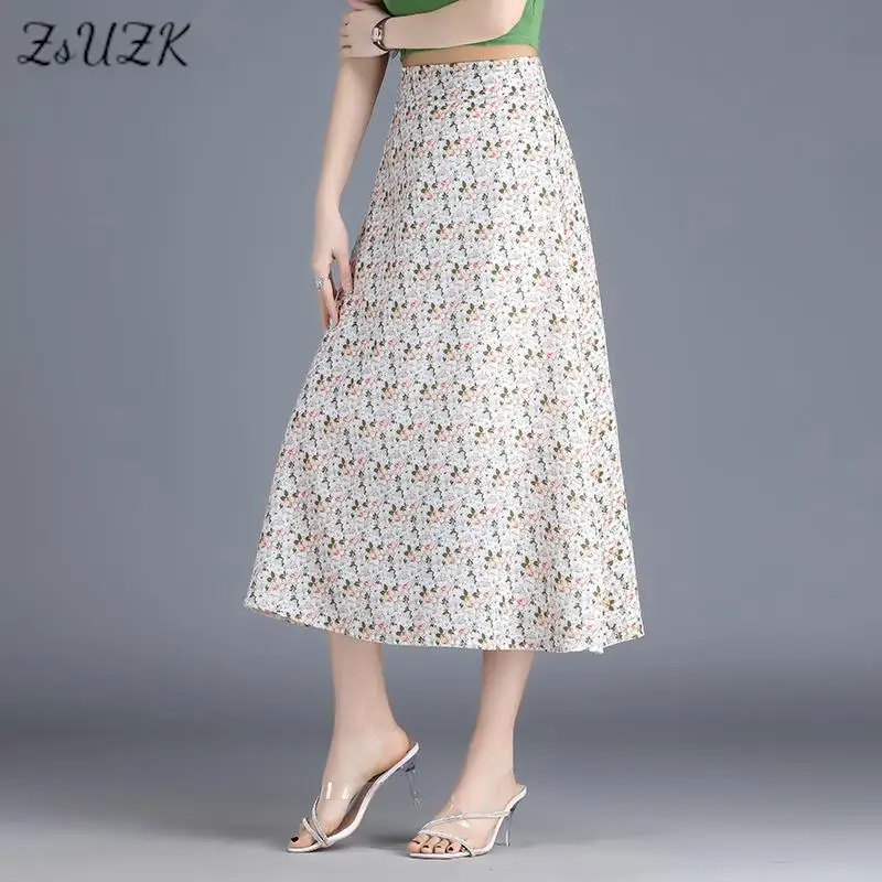 

ZUZK Women Floral Long Skirts New Summer Elastic Waist Korean Fashion Flower Skirt Droop A-Line Skirt Jupe Longue Falda 7Colors