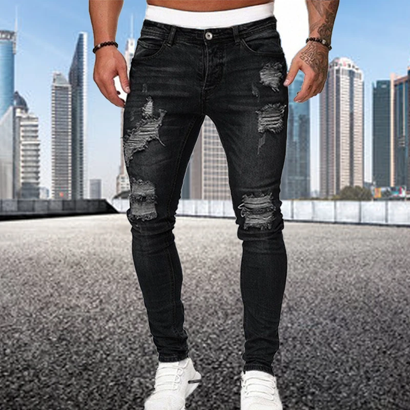 Fashion Men Stretchy Ripped Skinny Jeans Destroyed Hole Slim Denim High Quality Hip Hop Black Jean Streetwear Cowboy Trousers