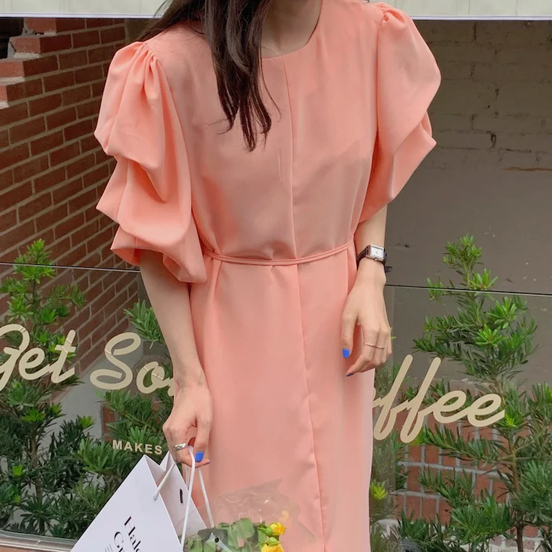 

Chic French Dress Laides Elegant Pile Up Sleeves Fashion Design Midi Dress 2022 Summer New Orange Loose Casual Straight Dress