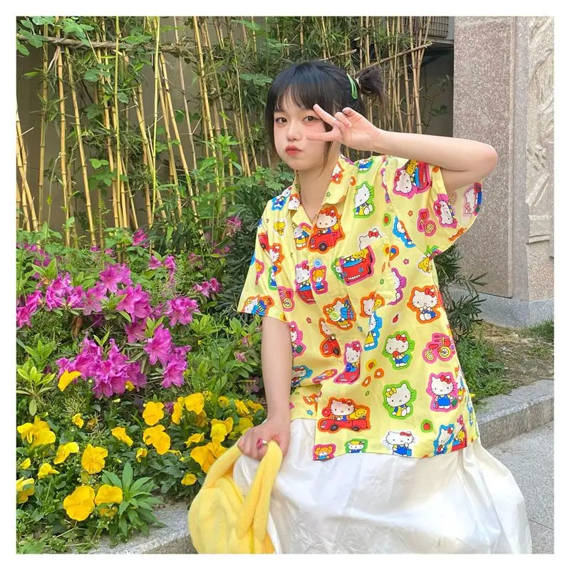 

Sanrio Cute Cartoon Hellokitty Summer New Milk Yellow Kawaii Anime Print Short-Sleeved Shirt Loose Top Girls Birthday Gift New