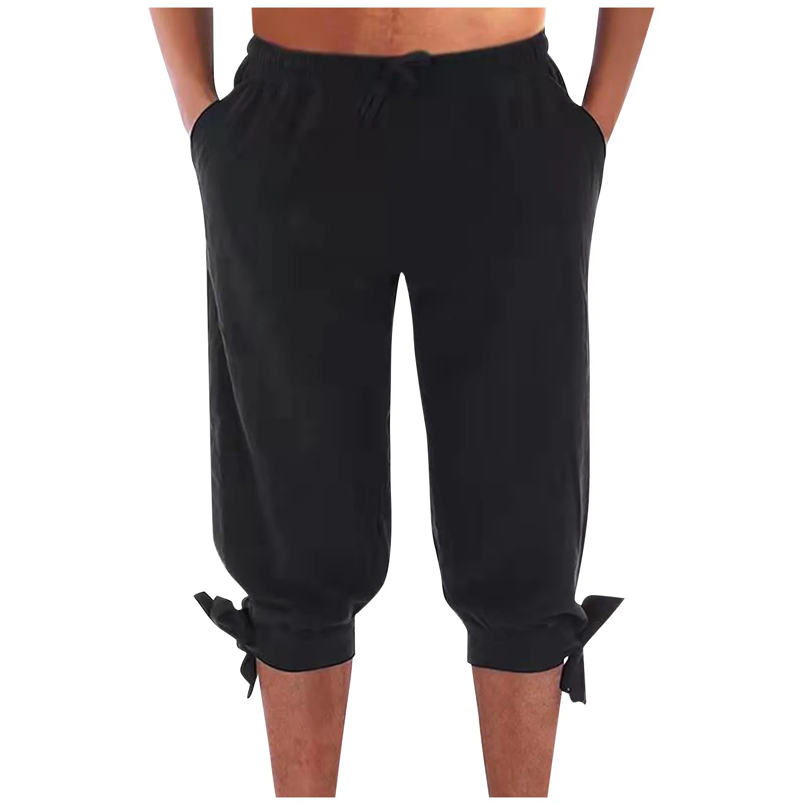 

Harem Beach Capri Pants Men's Solid Color Cargo Trouser Outdoors Casual Elastic Waist Baggy Drawstring Pocket Loose Shorts