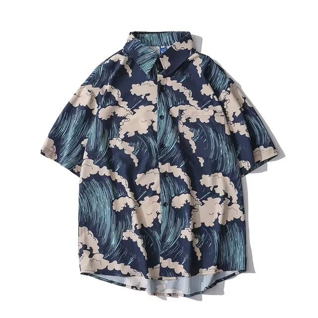 

NEW IN Mens Shortsleeve Shirts New Summer Loose Casual Cardigan Geometric Creative Printing Lapel Streetwear Japanese Fashion
