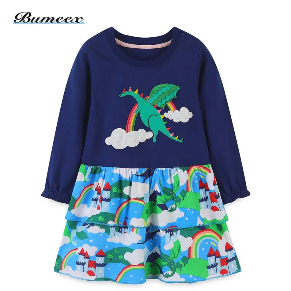 

Bumeex Girls Dress Cartoon Dinosaur Print Party Long Sleeve Clothes Cotton Childrens Autumn Winter Dress 4 Years Old Clothes