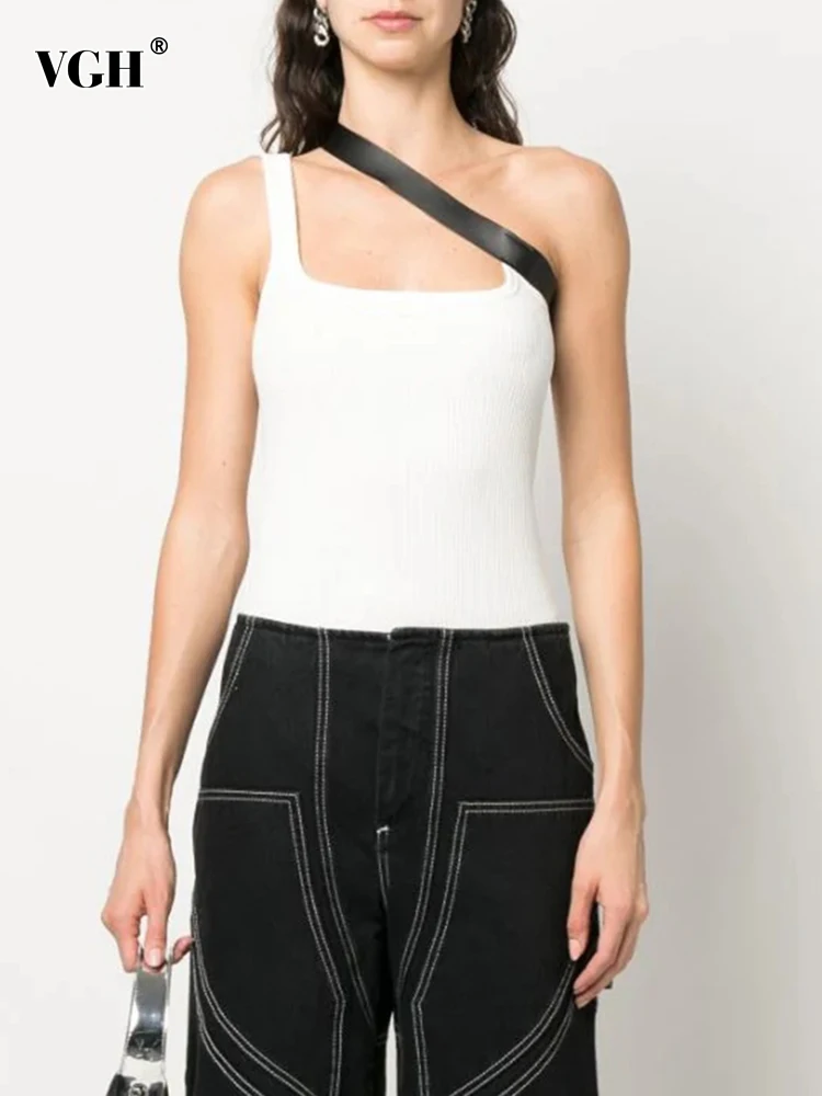 

VGH Sexy Slim Tank Tops Square Collar Sleeveless Off Shouder Spliced Belts Solid Chic Vest Female Fashion Summer Clothing New