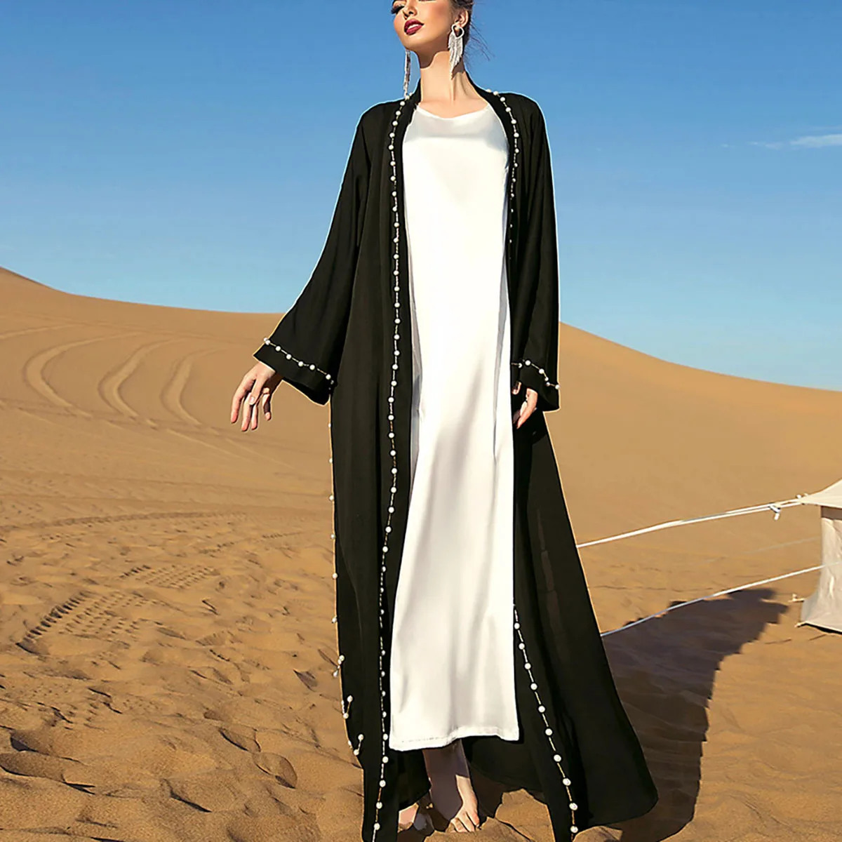Women Retro Kaftan Dress Middle East Casual Travel or Festival Abaya Dress with Belt