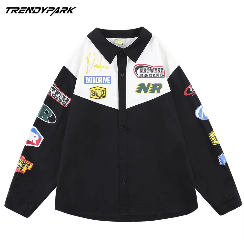 

Men's Shirts Patchwork Sleeve Patches Print Harajuku 2022 Mens Streetwear Thick Shirts Long Sleeve Male Vintage Fashions Clothes
