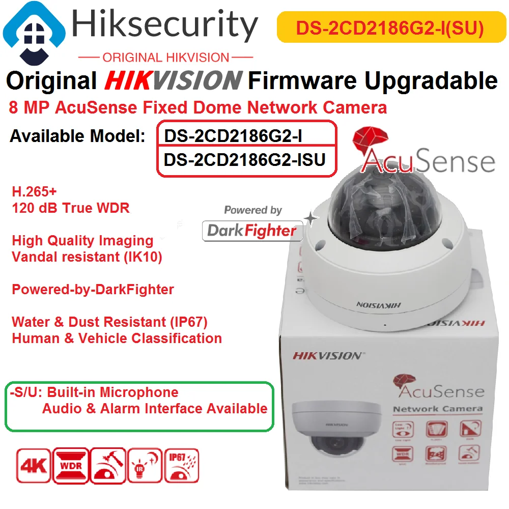 

Hikvision 4K IP Camera DS-2CD2186G2-I(SU) AcuSense 8MP POE IR IP67 Network Surveillance Doom Powered Darklight 120dB True WDR
