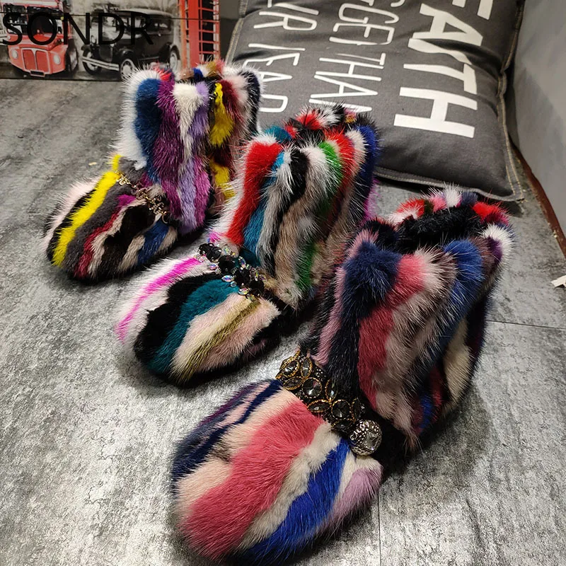 

Женские ботильоны с круглым носком, радужные цвета, натуральный мех норки, меховые полусапожки, теплые зимние Металлические Бриллианты, обувь 2023