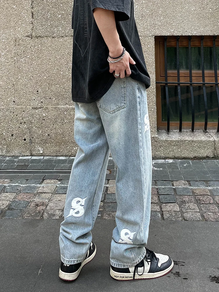 Black Jeans Men Fashion Letter Embroidery Loose Straight Leg Vaqueros Homme Vintage Mid Waist Baggy Comfort Cotton Denim Pants