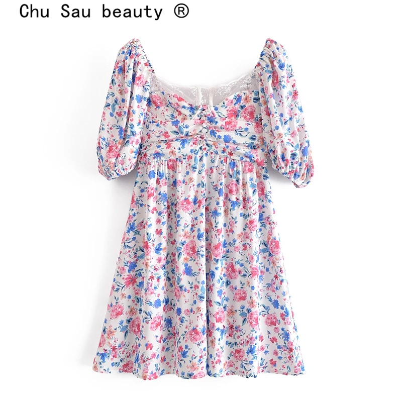 

Мини-платье женское летнее с цветочным принтом и V-образным вырезом