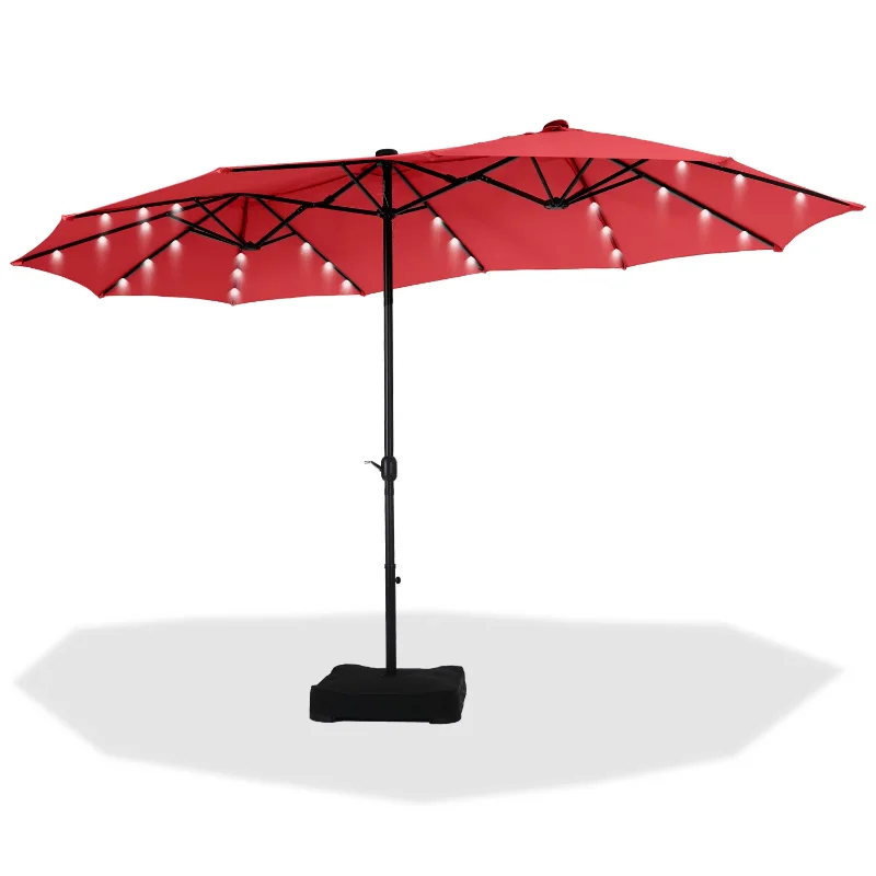 

15ft Double-Sided Solar Patio Umbrella with Base Large Outdoor Table Umbrella with Crank Handle and 36 pcs LED lights, Red