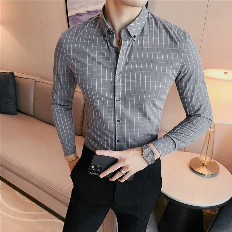 Classic Plaid Men's Shirts Long Sleeve Slim Fit Business Casual Formal Dress Shirt Office Social Party Tuxedo Men Clothing 2022