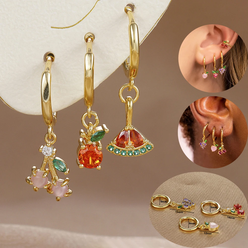 3 шт./компл. новый дизайн серьги-кольца с фруктами и кубическим цирконием вишня