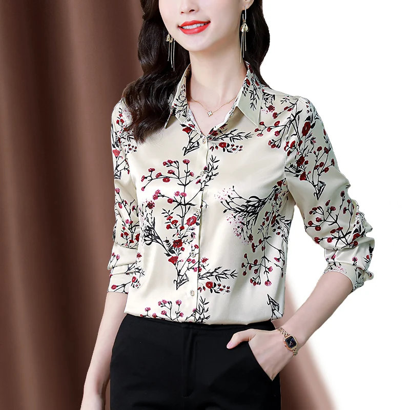 

Summer Women Shirt Long Sleeve Top Korean Fashion Printing Poplin Leisure Splicing Loose Polo Collar Houthion