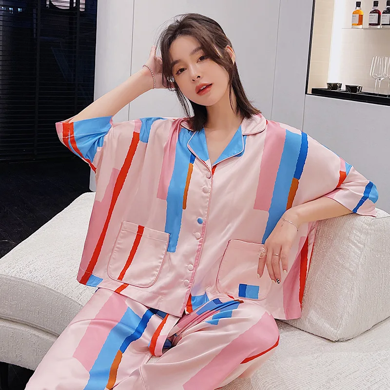 Simulated silk pajamas women's loose version can be worn outside fashionable and comfortable homewear suit printing pajamas