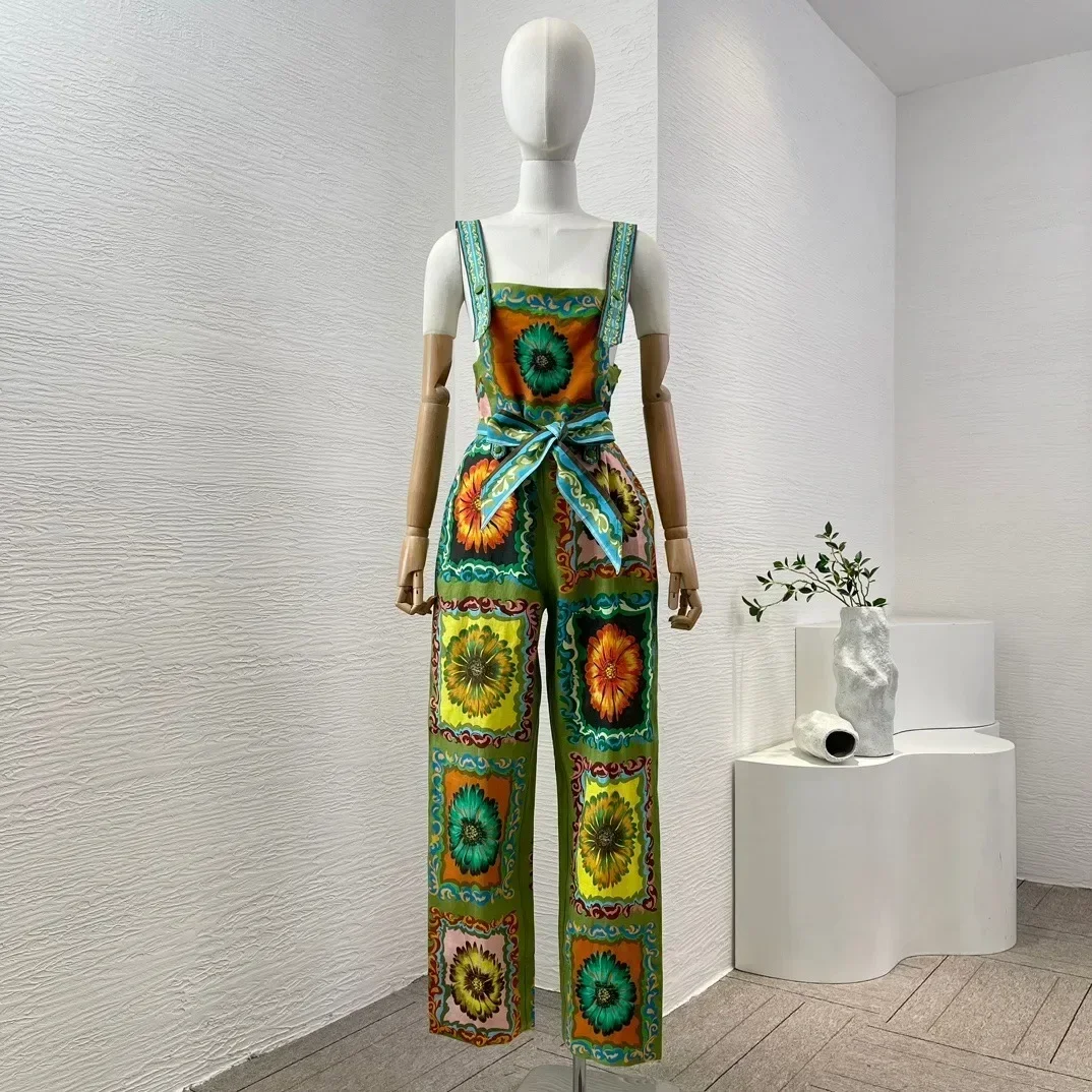 Высококачественный льняной комбинезон в клетку без рукавов с завязками и бантом