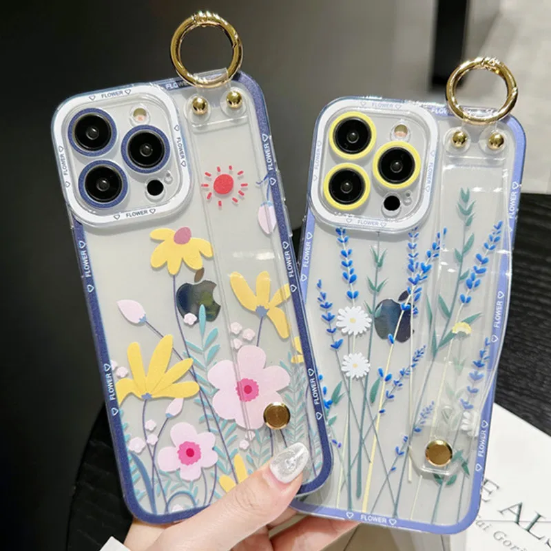 

Fashion Flowers Wrist Strap Clear Phone Cases For Iphone 13 12 11 14 pro MAX X XR XS MAX 7 8 Plus Cover Hand Band Case Soft TPU