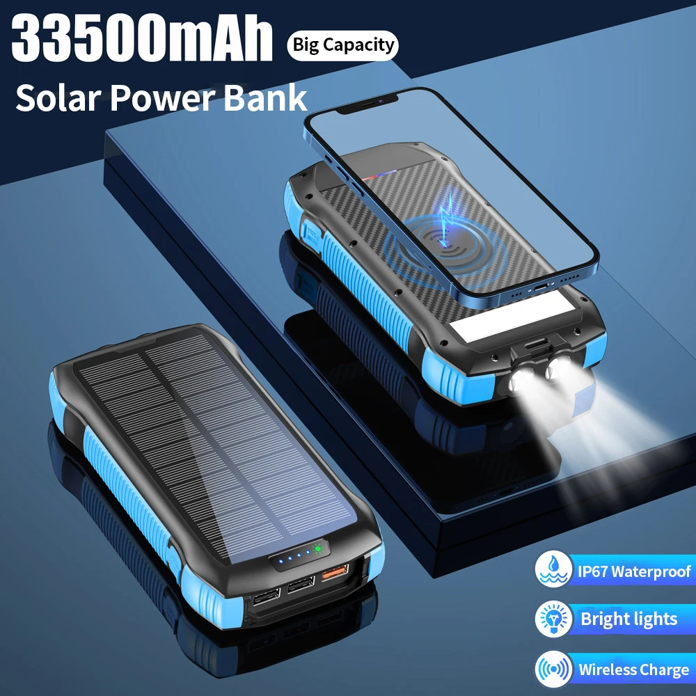 

PINZHENG 33500mAh 10W Wireless Charger Solar Power Bank PD 18W Fast Charging WaterProof Powerbank For iPhone Xiaomi Power Bank