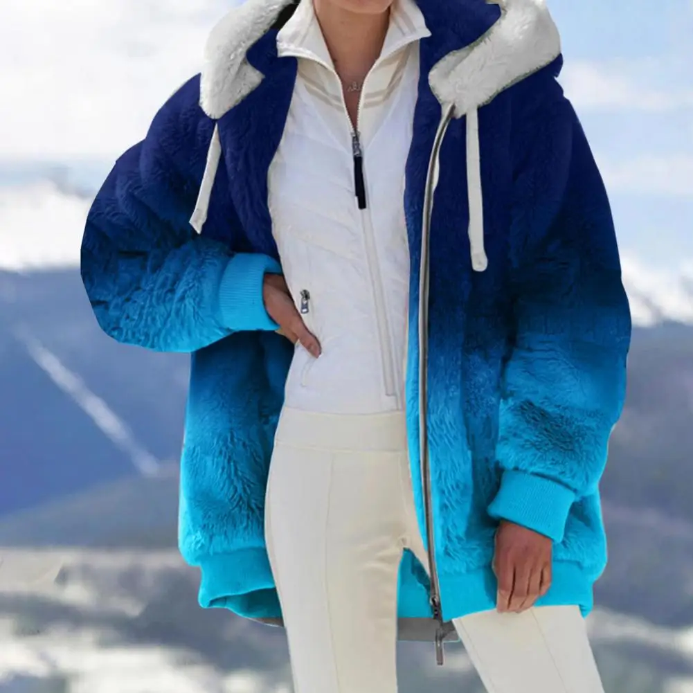 

Women Winter Long Teddy Jacket Zipper Plush Hooded Cardigan Plush Coat Woman Casual Splice Color Warm Top 2023 New