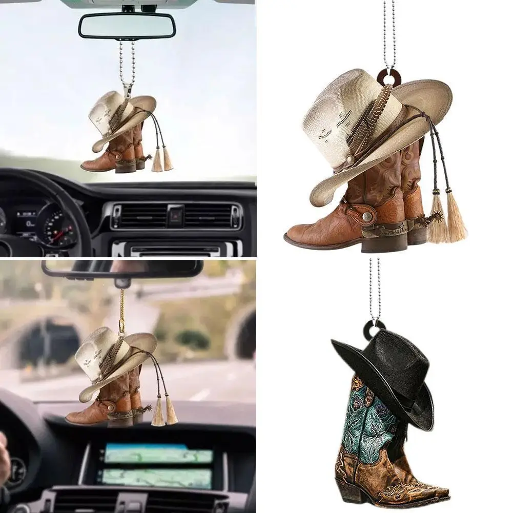 

Персонализированные ботинки и шляпа, ковбойские плоские акриловые украшения для автомобиля, подвесные украшения для зеркала заднего вида, ...