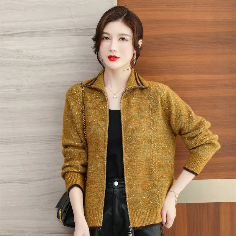 

Autumn Winter Women Golden Woolen Yarn Cardigans Sweaters Yellow Red Blue Grey Camel Green Turn Down Collar Knitwear Cosy Wear